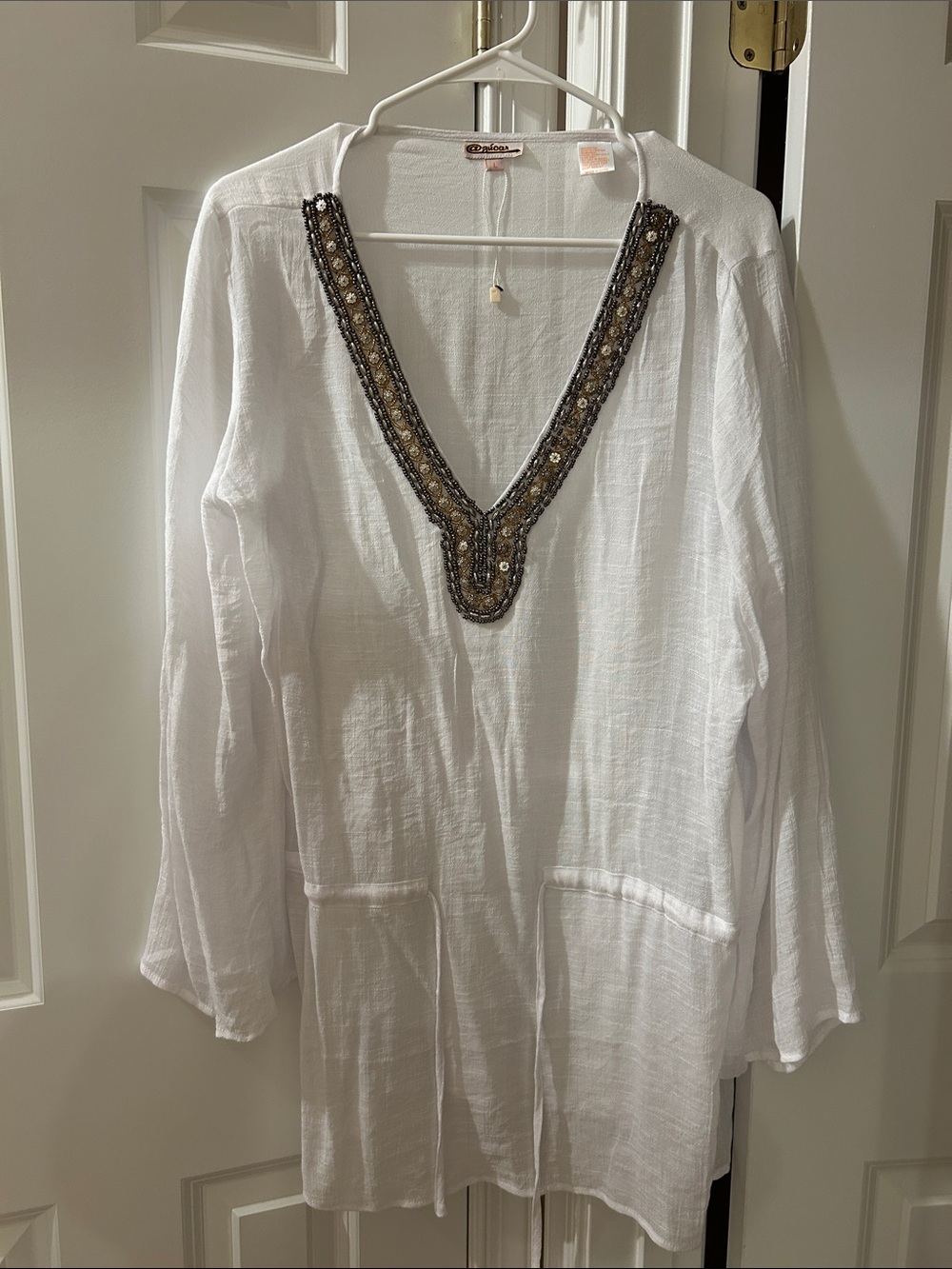 White Beaded V-Neck Swimsuit Coverup